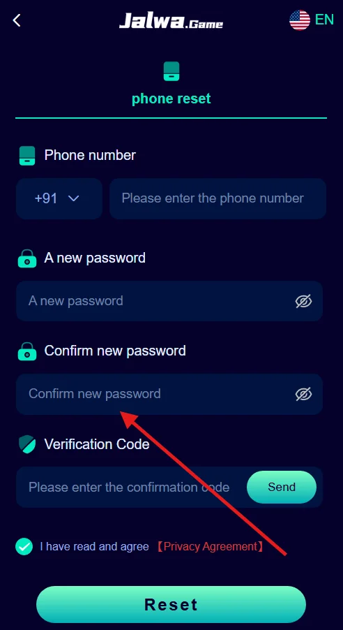 Confirm new password to reset